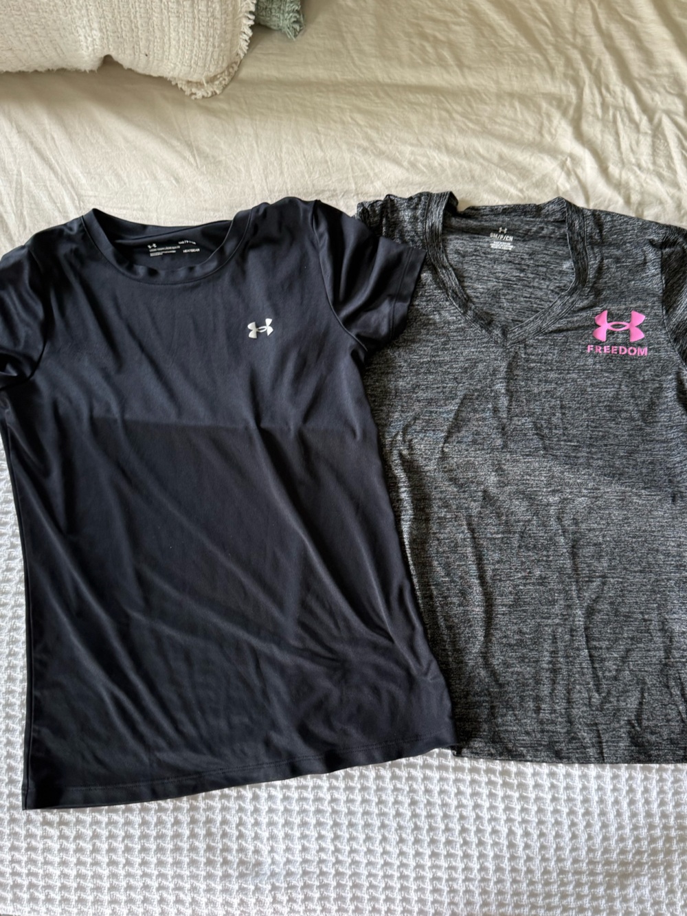 Under Armour Womens' Gray Heather & Black Athletic Tees with Pink Logo